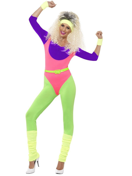 80er Jahre Work Out Kostüm / Jumpsuit (Neon)